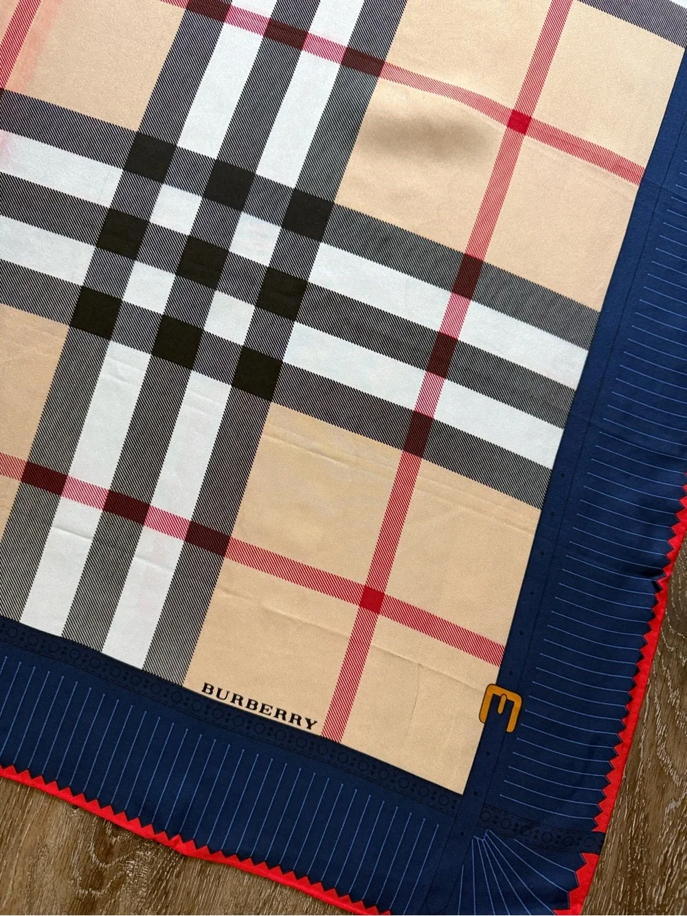 Display #1 Burberry Beige Nova Check Silk Scarf with Navy Border and Red Trim